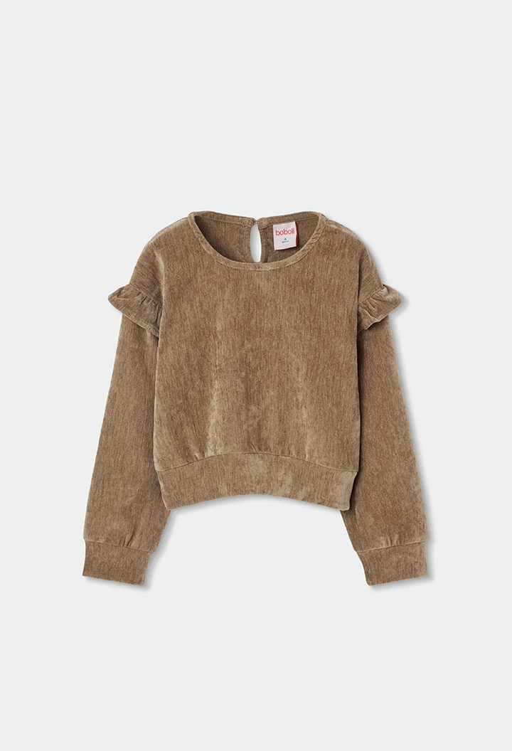 Sudadera niña beige con volantes en hombros
