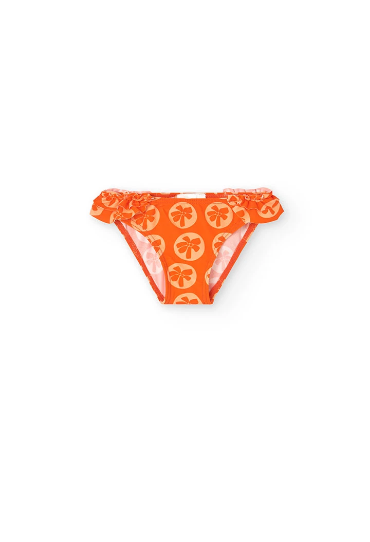 Cueca de banho de poliamida para bebé menina com estampado em cor laranja.