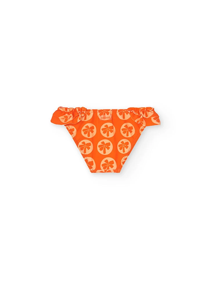 Cueca de banho de poliamida para bebé menina com estampado em cor laranja.