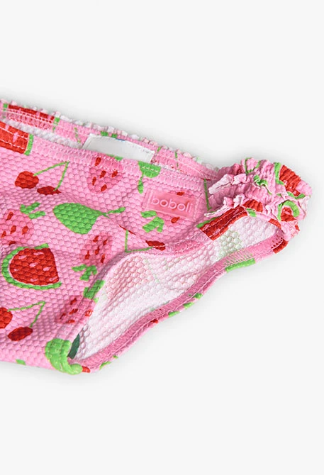 Fato de banho de poliamida para bebé menina com estampado de frutas.