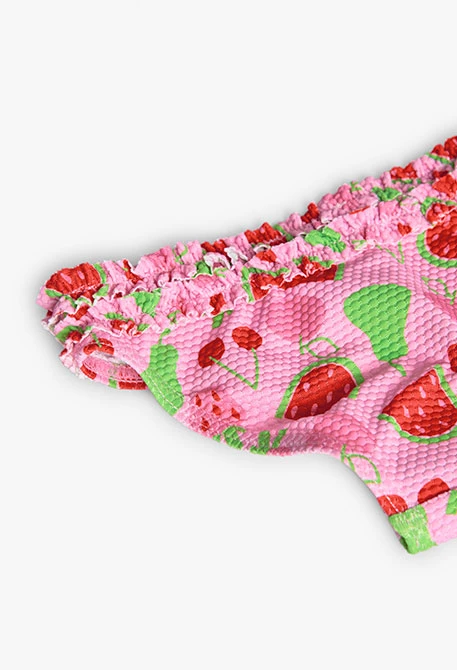 Fato de banho de poliamida para bebé menina com estampado de frutas.