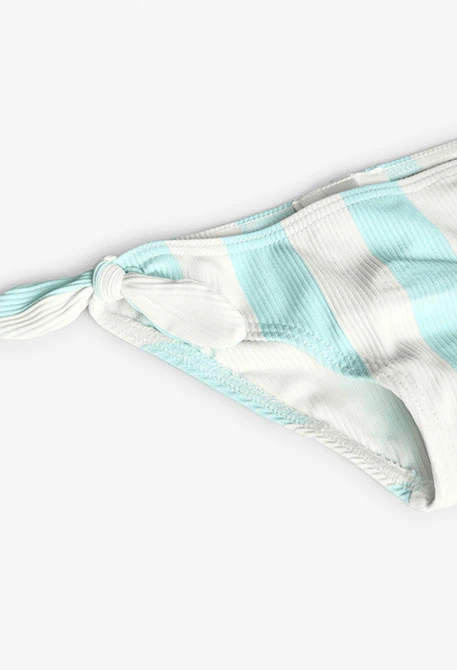 Costume da bagno mutandina in poliammide per neonata a righe blu e bianche.