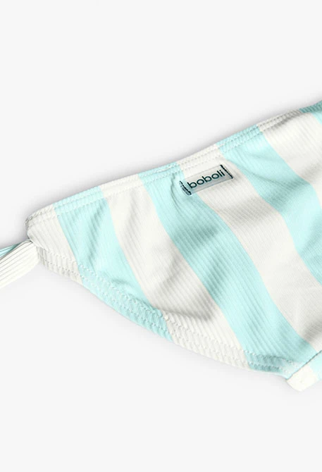 Costume da bagno mutandina in poliammide per neonata a righe blu e bianche.