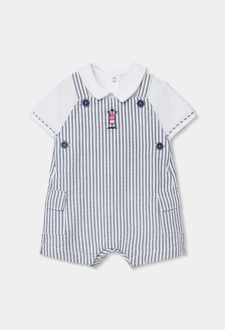 Ensemble polo et salopette bébé coton blanc bleu