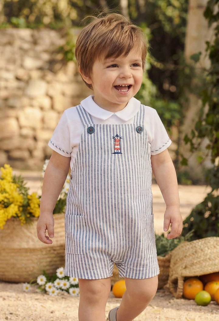 Conjunto polo e jardineiras bebé algodão branco azul