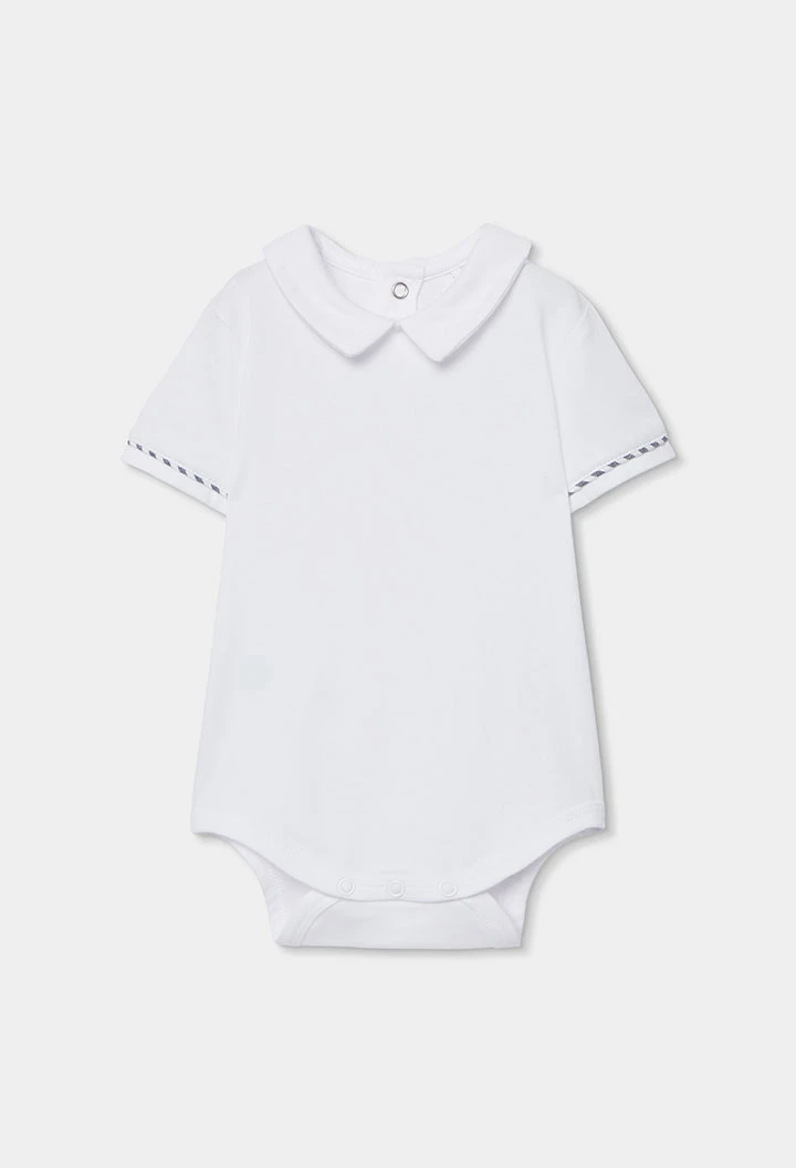 Conjunto polo e jardineiras bebé algodão branco azul