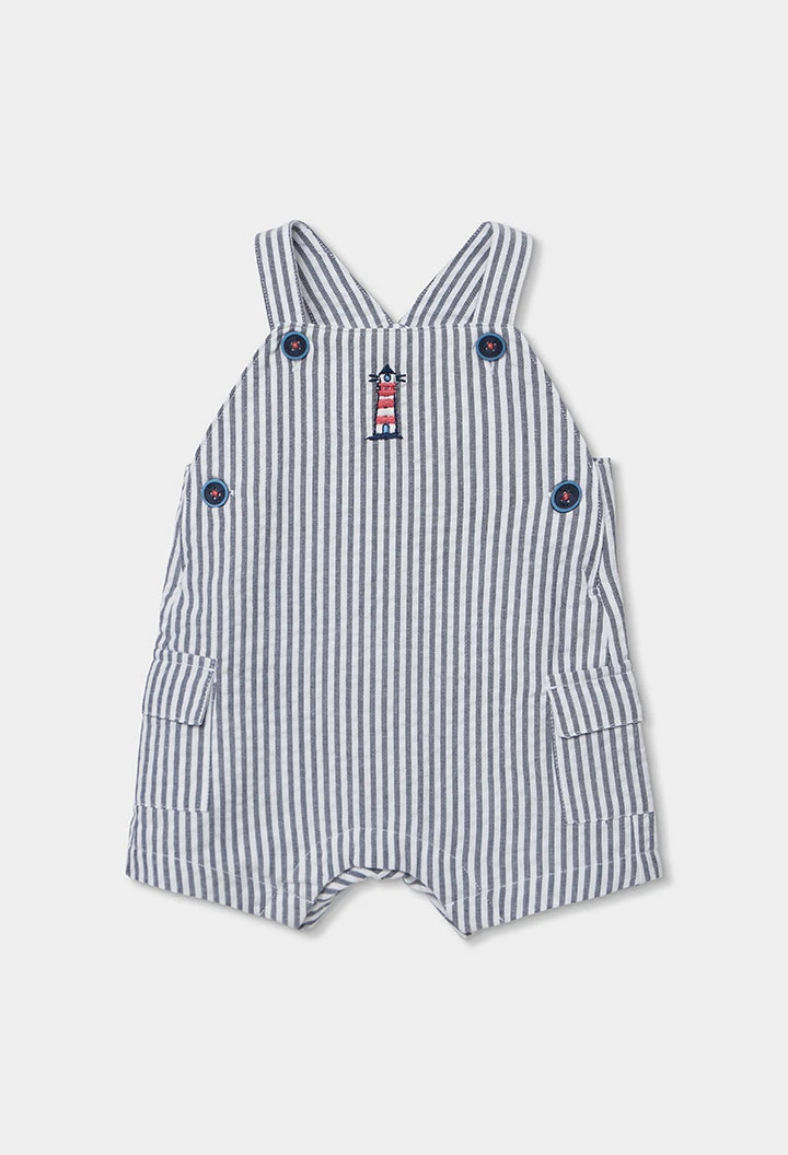 Conjunto polo e jardineiras bebé algodão branco azul
