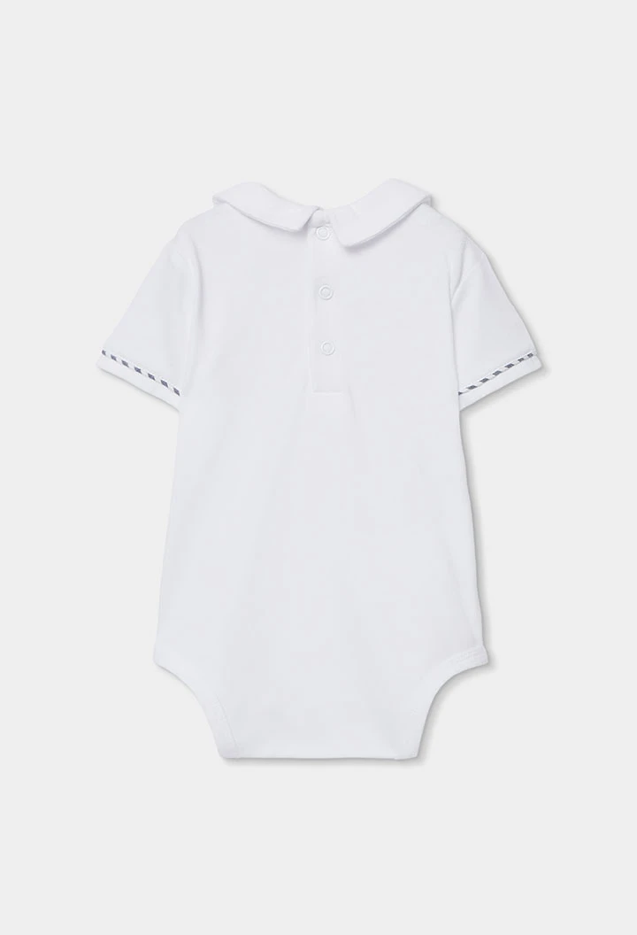 Conjunto polo e jardineiras bebé algodão branco azul