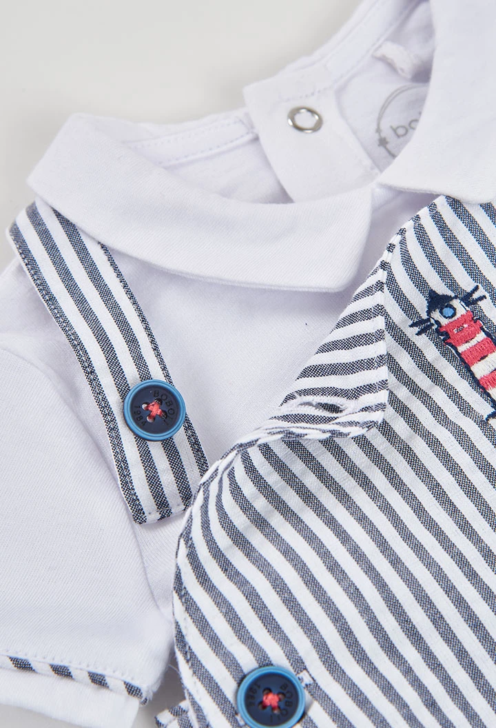 Conjunto polo e jardineiras bebé algodão branco azul