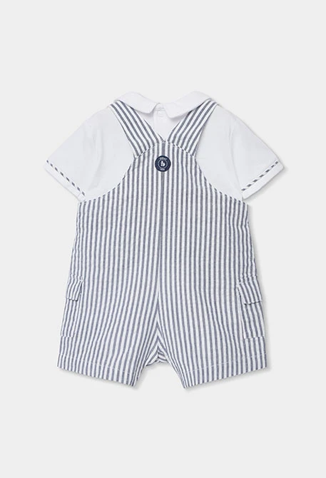 Conjunto polo e jardineiras bebé algodão branco azul