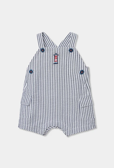 Conjunto polo e jardineiras bebé algodão branco azul