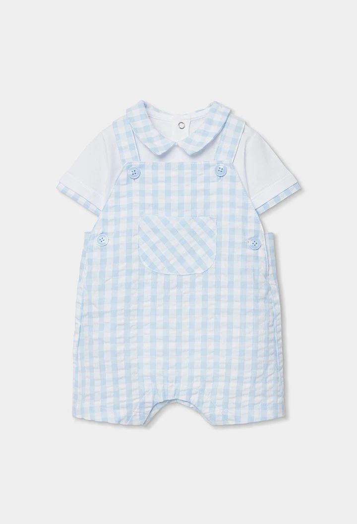 Conjunto bebé polo e jardineiras xadrez azul