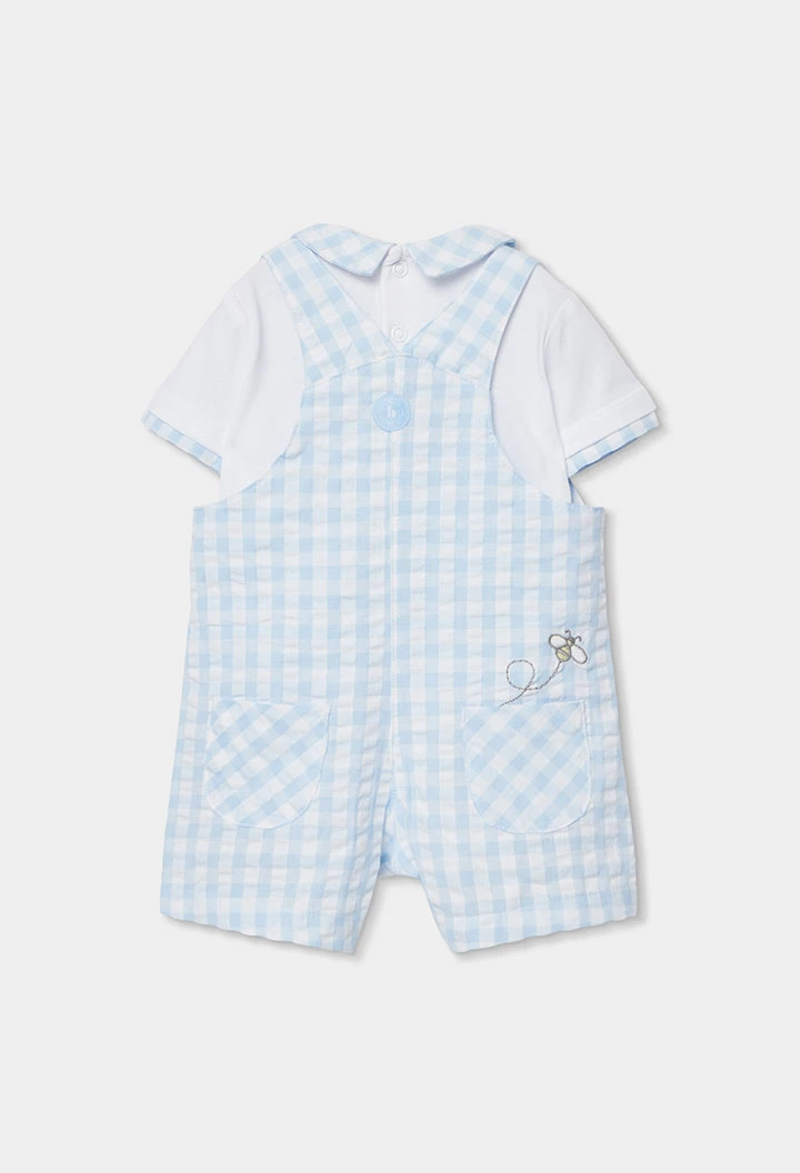 Conjunto bebé polo e jardineiras xadrez azul