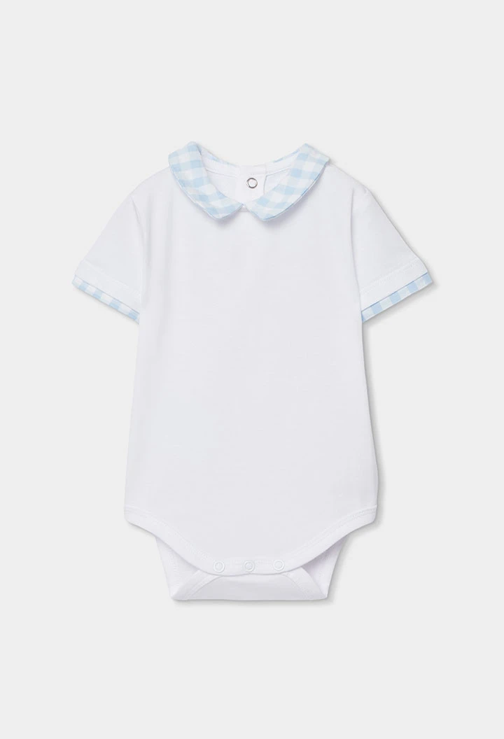 Conjunto bebé polo e jardineiras xadrez azul