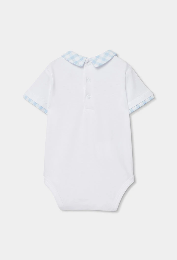 Conjunto bebé polo e jardineiras xadrez azul