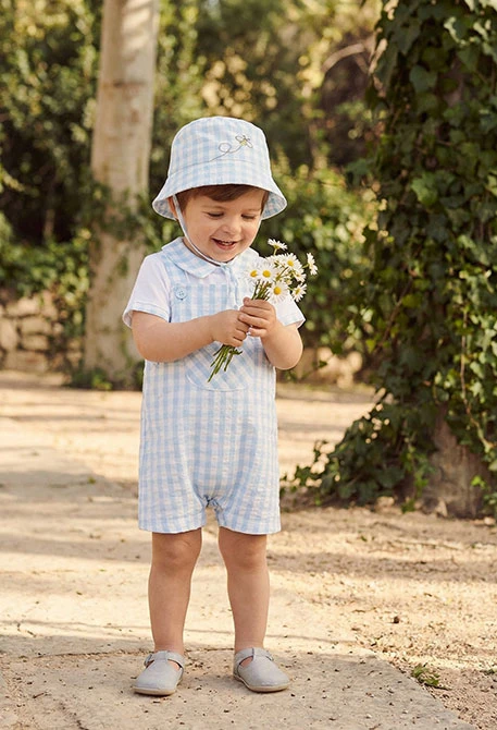 Conjunto bebé polo e jardineiras xadrez azul