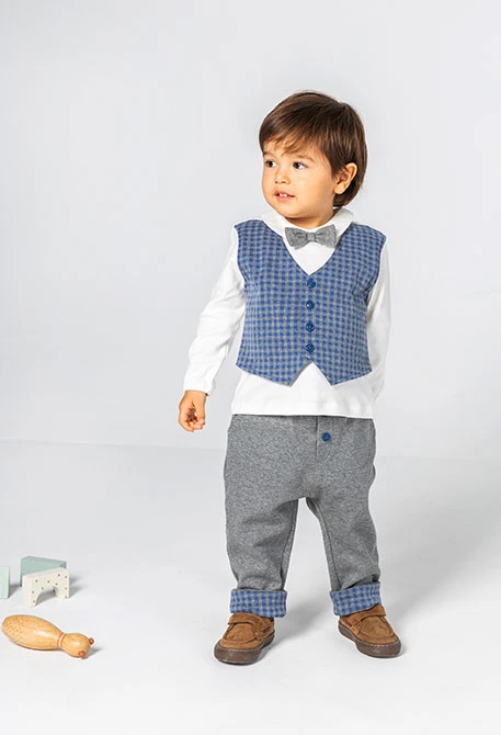Grau meliertes kariertes Baby-Jungen-Strickset