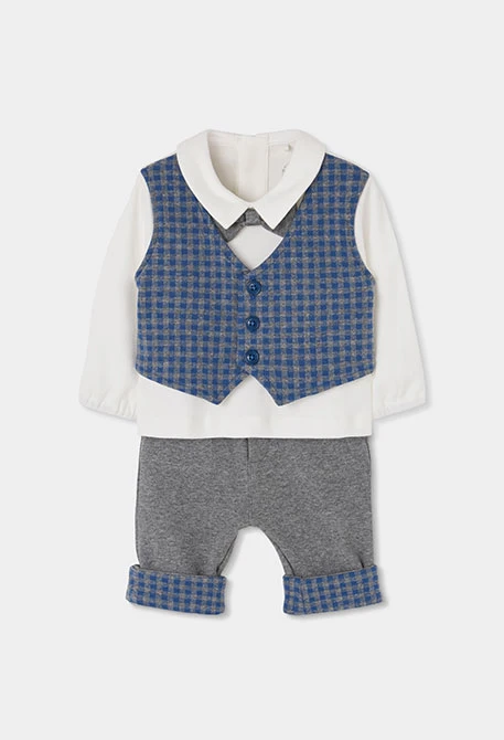 Grau meliertes kariertes Baby-Jungen-Strickset