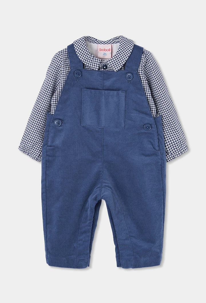 Blaues Baby-Jungen-Set mit Latzhose und Vichy-Hemd
