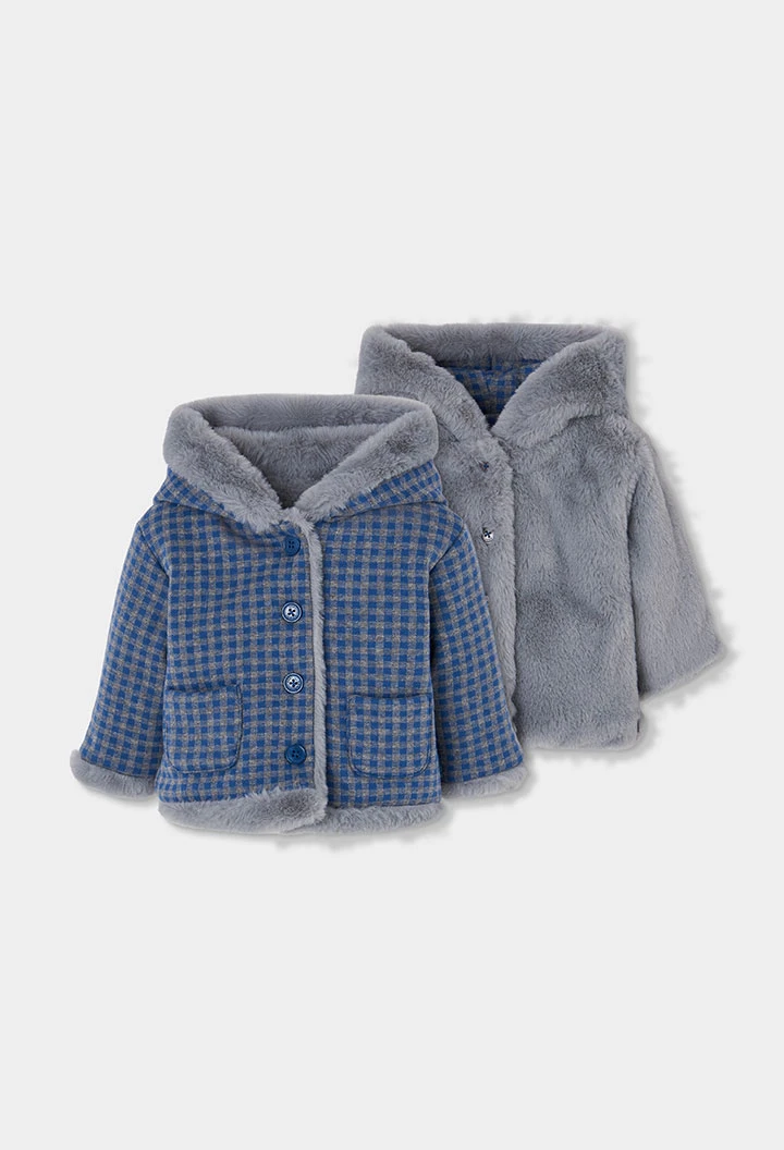 Wendbare Plüschjacke für Babys mit blau-grauem Karomuster