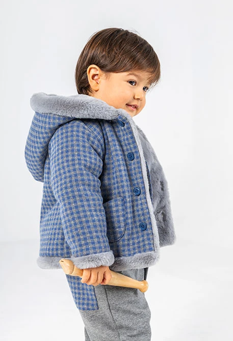 Veste molleton bébé réversible carreaux bleu gris