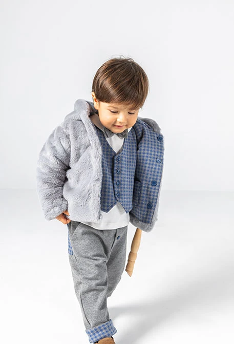 Veste molleton bébé réversible carreaux bleu gris