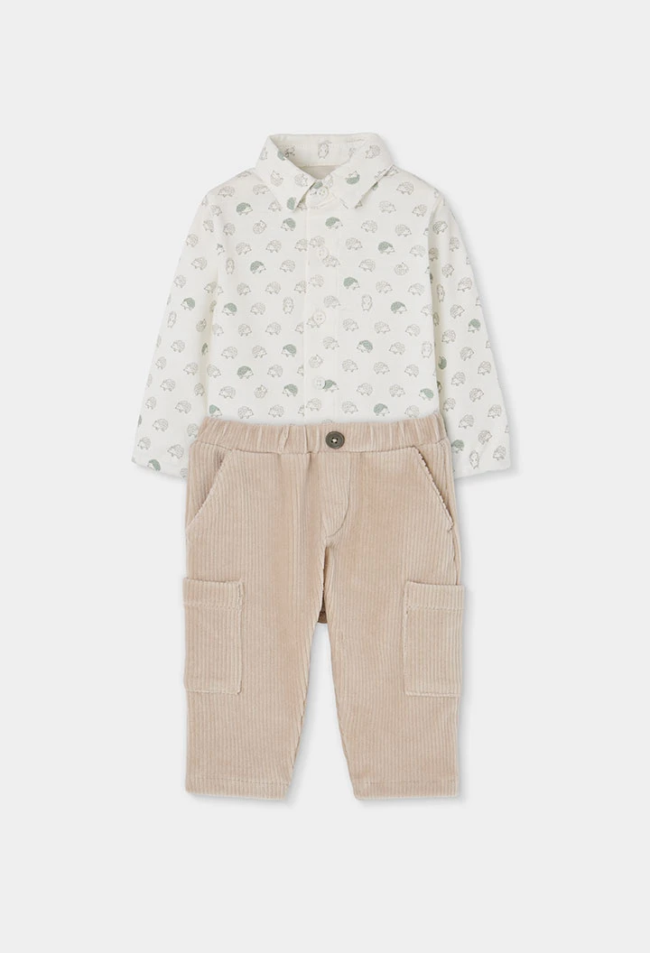 Beige hedgehog print knitted baby boy set