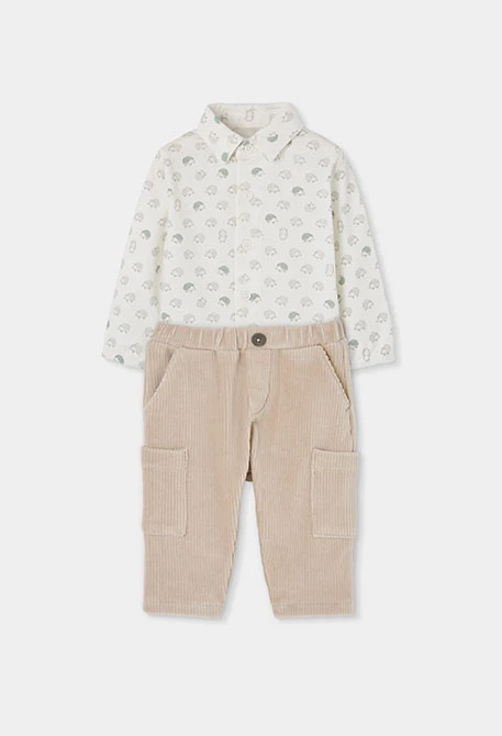 Beige hedgehog print knitted baby boy set
