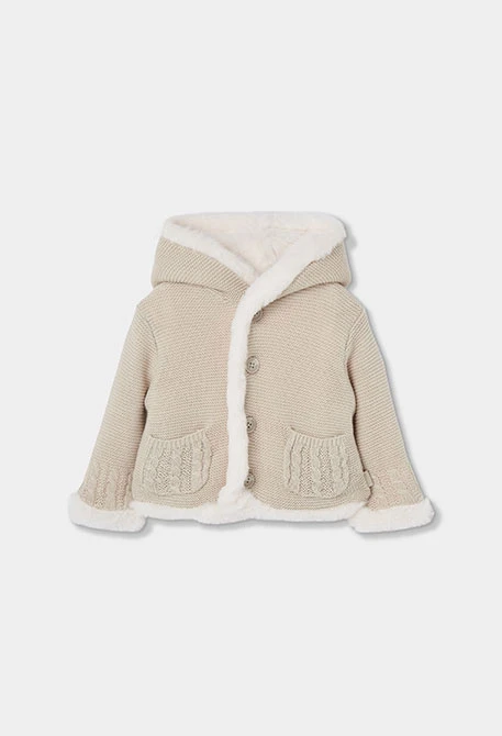 Reversible hooded baby knit jacket in beige
