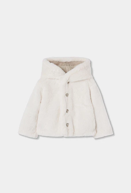 Reversible hooded baby knit jacket in beige