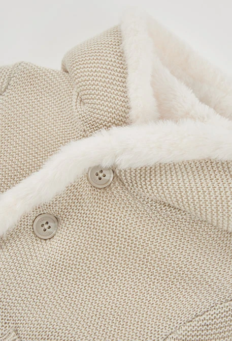 Reversible hooded baby knit jacket in beige