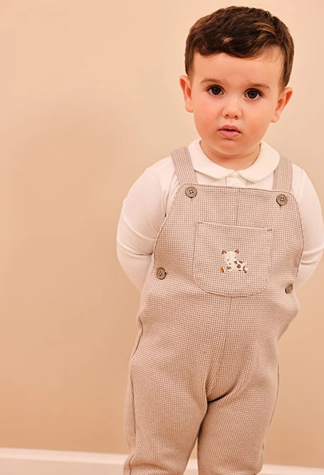 Strickset Baby Junge Karomuster Beige Hund Stickerei