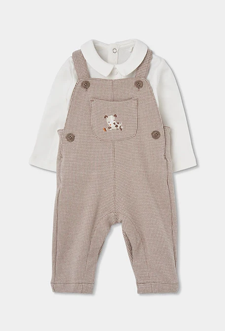 Baby boy knitted set beige check embroidered puppy
