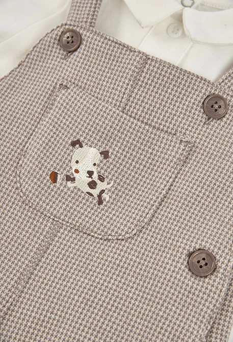 Baby boy knitted set beige check embroidered puppy