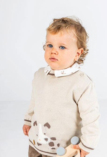 Beige Babypullover für Jungen mit Hundeaufdruck
