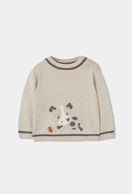 Beige Babypullover für Jungen mit Hundeaufdruck
