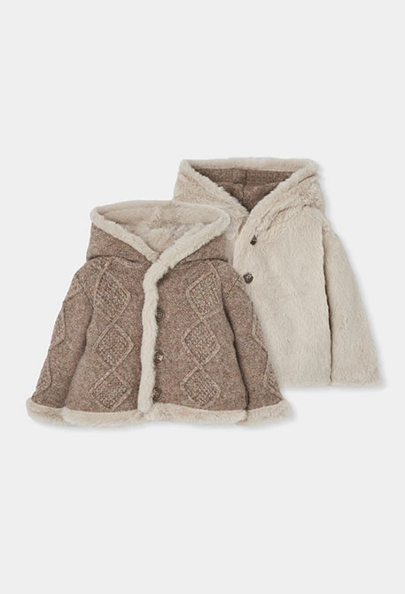 Reversible hooded knit jacket for babies in beige