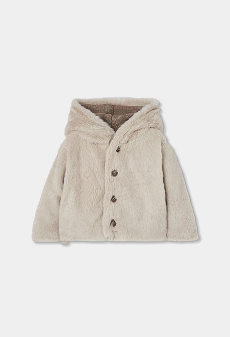 Reversible hooded knit jacket for babies in beige