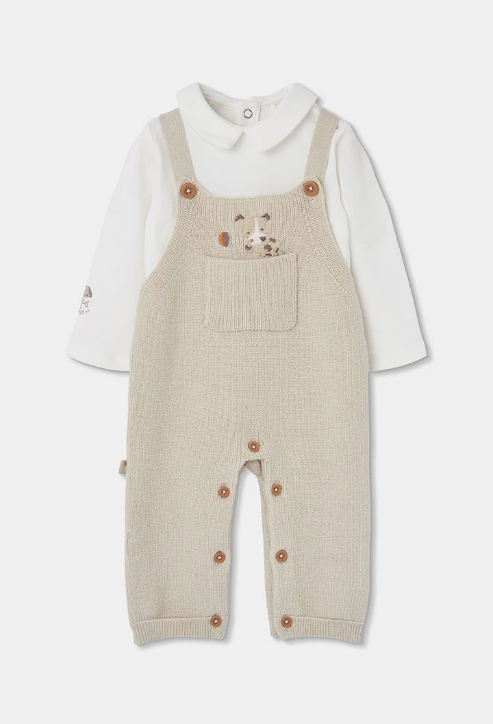 Beiges Babystrick-Set für Jungen mit Hundmotiv