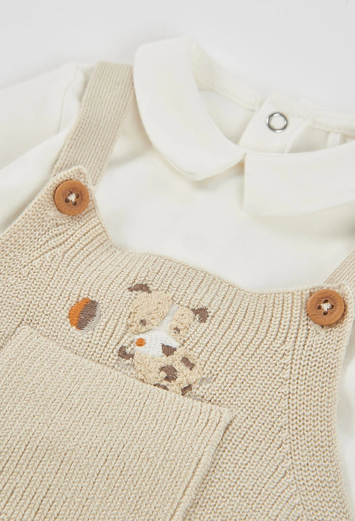Completo in maglia neonato maschio beige con cagnolino