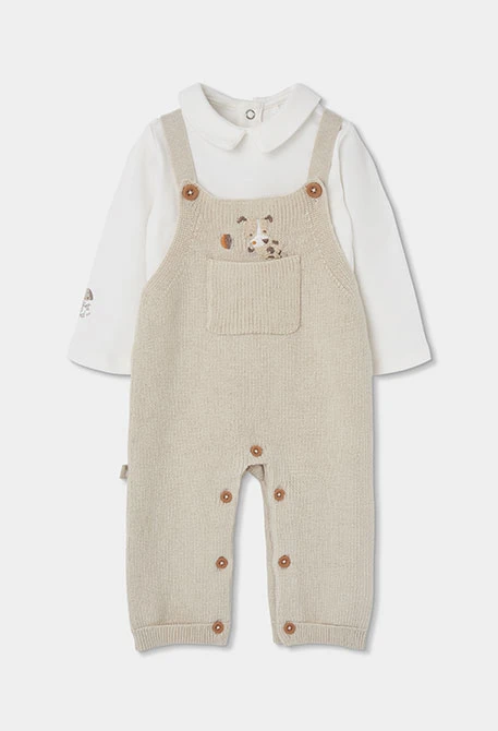 Conjunto de malha bebé menino bege com cachorrinho