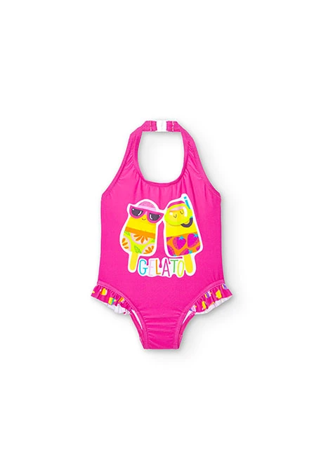 Baby girl's ruffled swimsuit in fuchsia colour