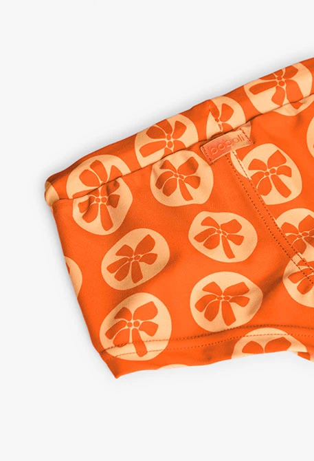 Fato de banho de poliamida para bebé menino com estampado em cor de laranja