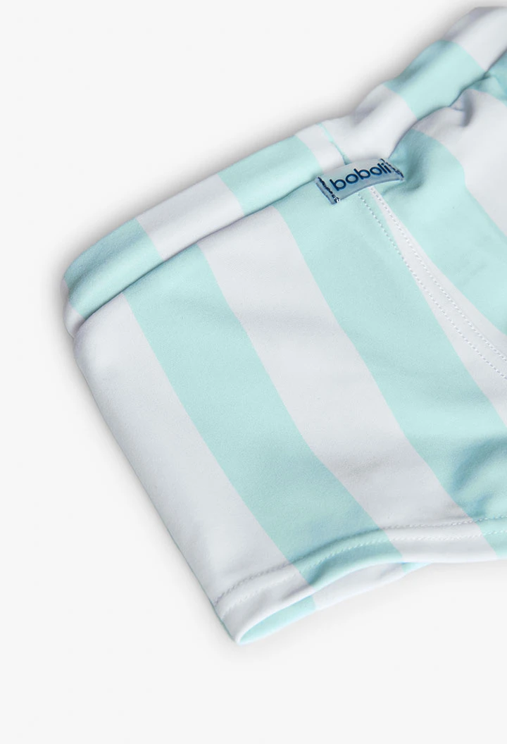 Fato de banho de poliamida para bebé menino com riscas brancas e azul claro
