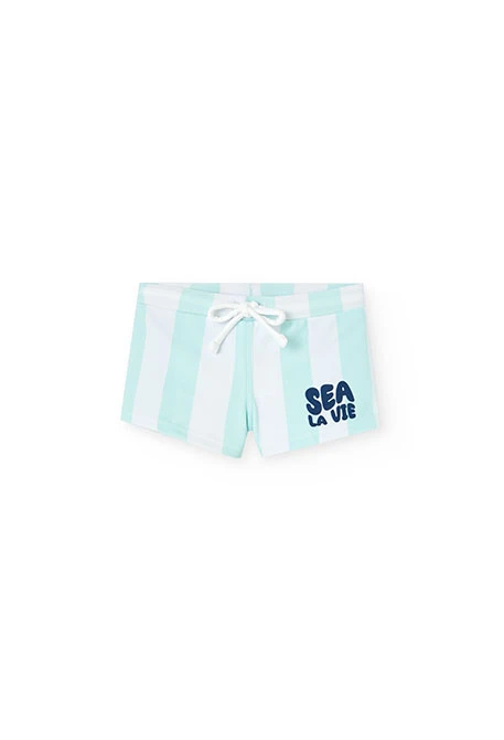 Fato de banho de poliamida para bebé menino com riscas brancas e azul claro
