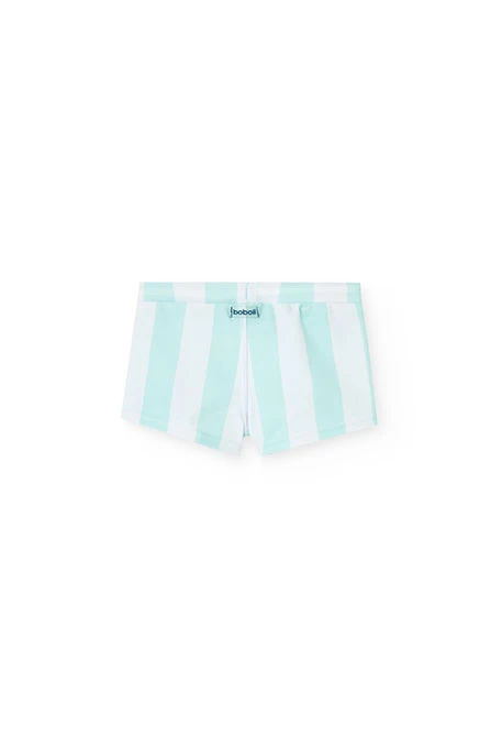 Fato de banho de poliamida para bebé menino com riscas brancas e azul claro