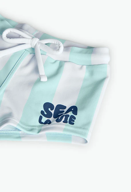 Fato de banho de poliamida para bebé menino com riscas brancas e azul claro