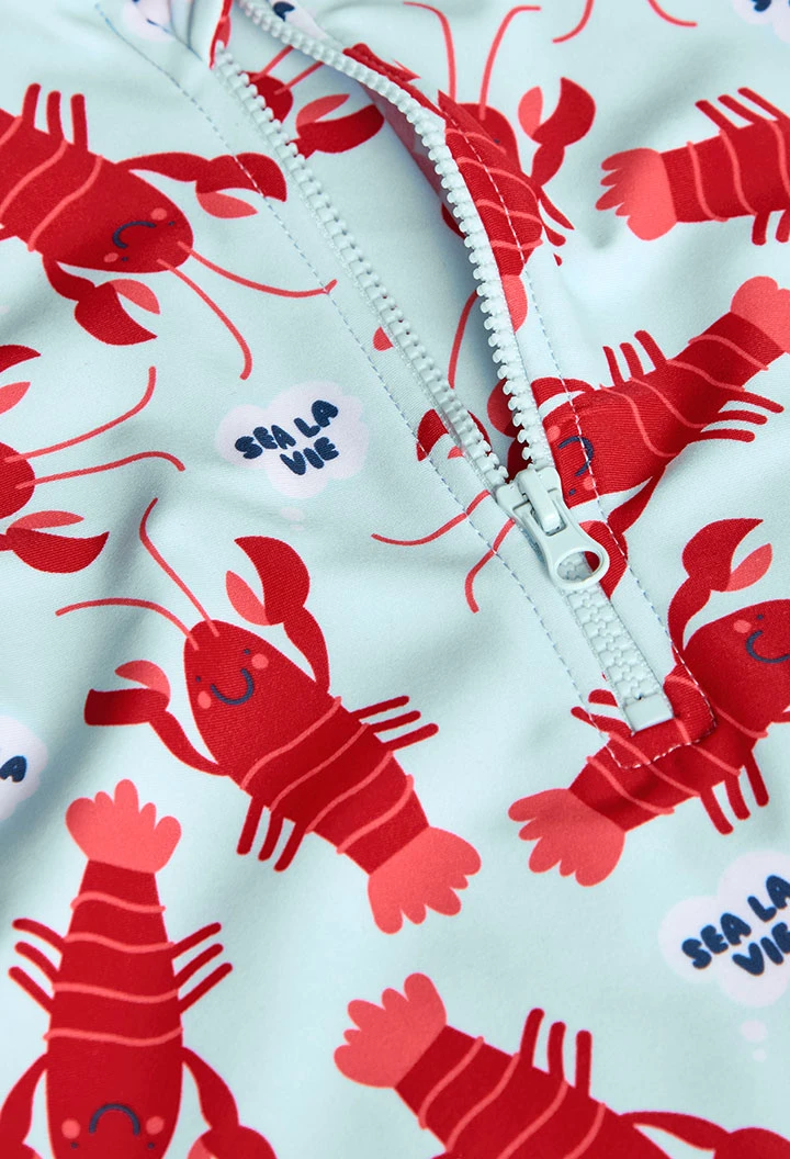 Polyamide bodysuit for baby in light blue with lobster print