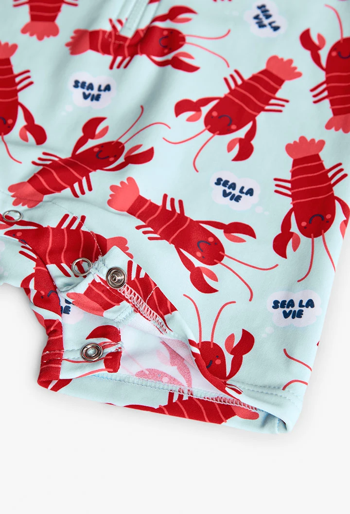 Body en polyamide pour bébé de couleur bleu clair avec motif de homards.