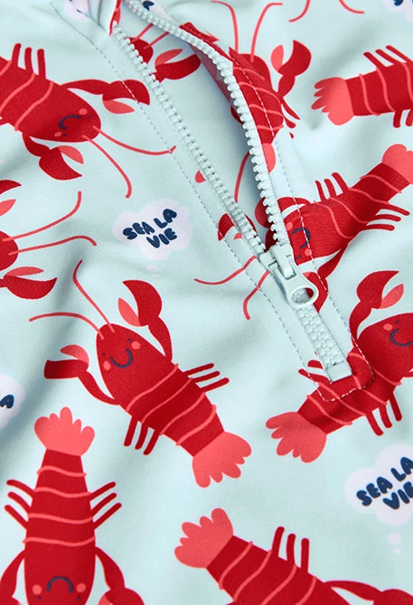 Body en polyamide pour bébé de couleur bleu clair avec motif de homards.